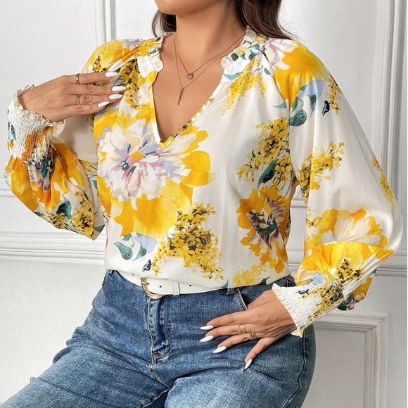Plus Floral Print Flounce Long Sleeve Blouse - Picture 4 of 4